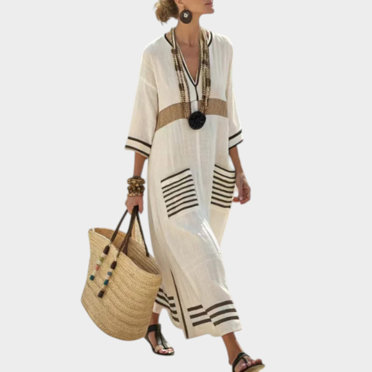 Women's Linen Summer Maxi Dress Striped Contrast Detailing