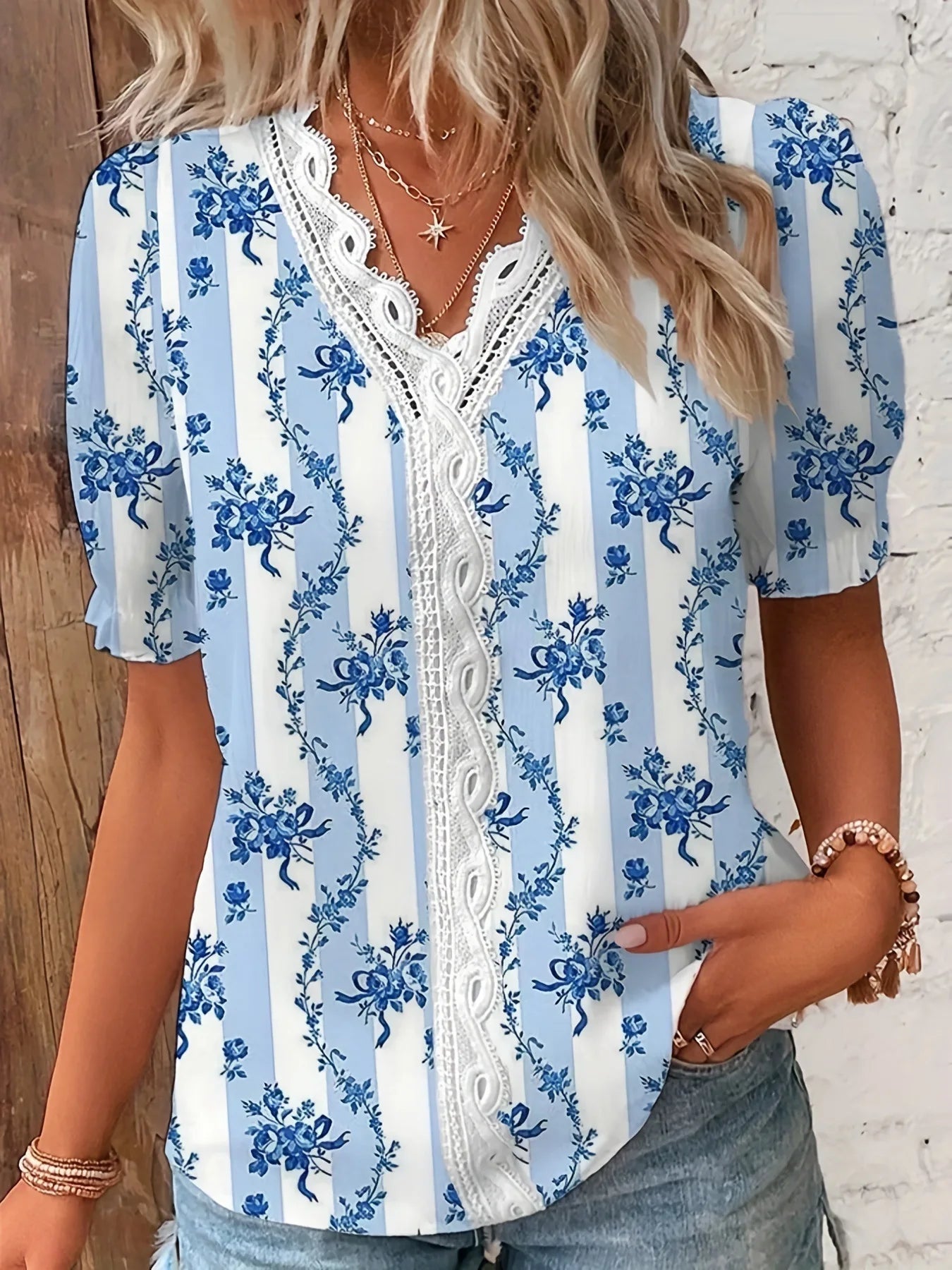 Joann™ | V-Neck Blouse with Floral Lace Design