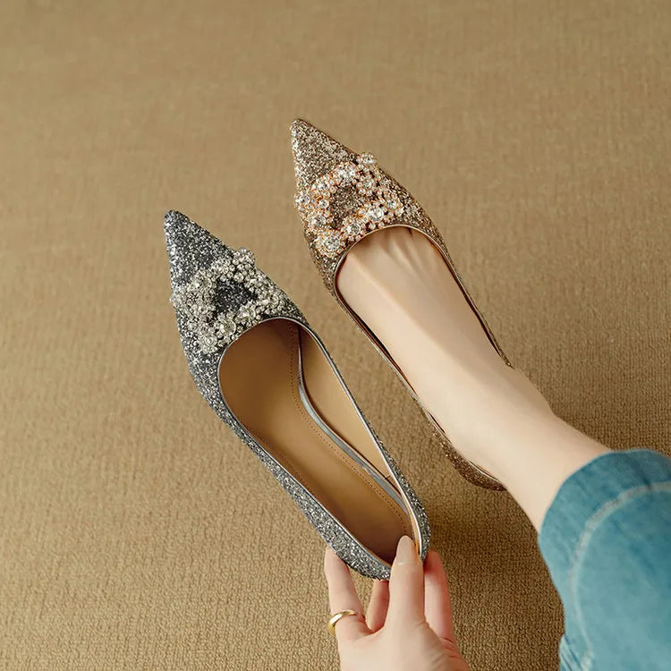 Stella | Women's Pointed Toe Glitter Block Heel Pumps with Crystal Buckle