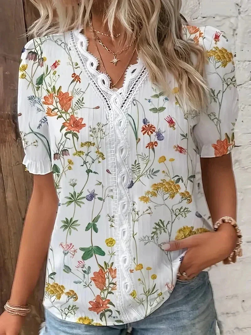 Joann™ | V-Neck Blouse with Floral Lace Design