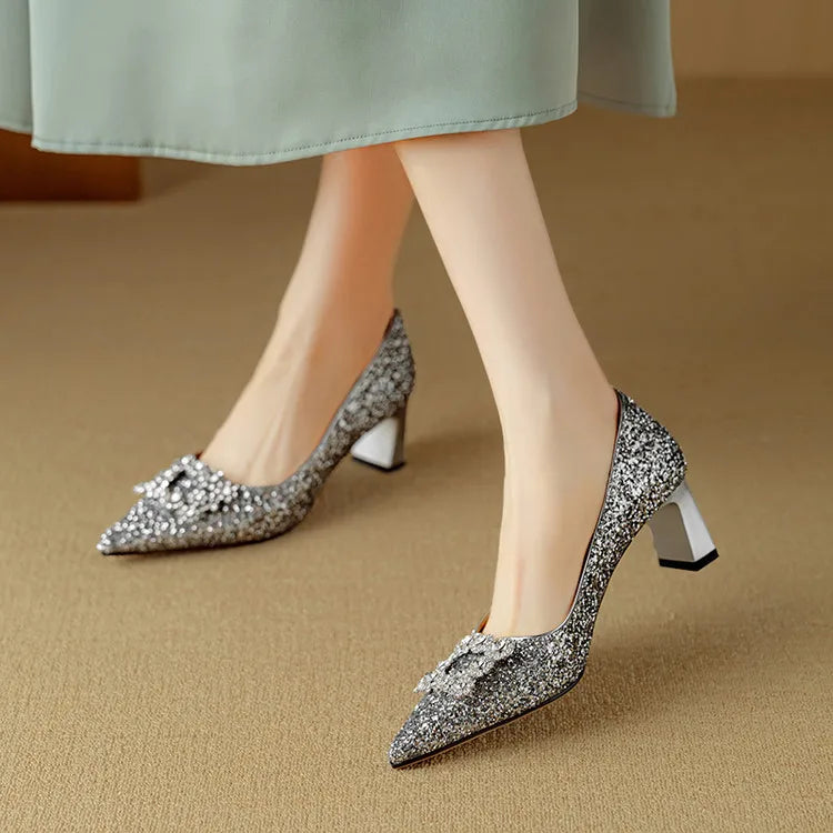 Stella | Women's Pointed Toe Glitter Block Heel Pumps with Crystal Buckle