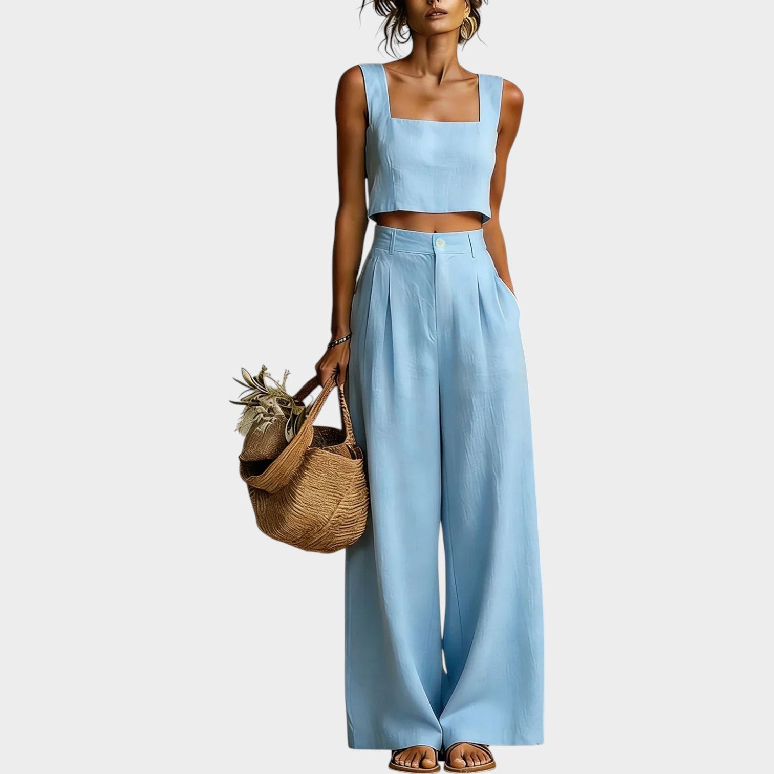 Linen Two Piece Set Crop Top & Wide Leg Pants