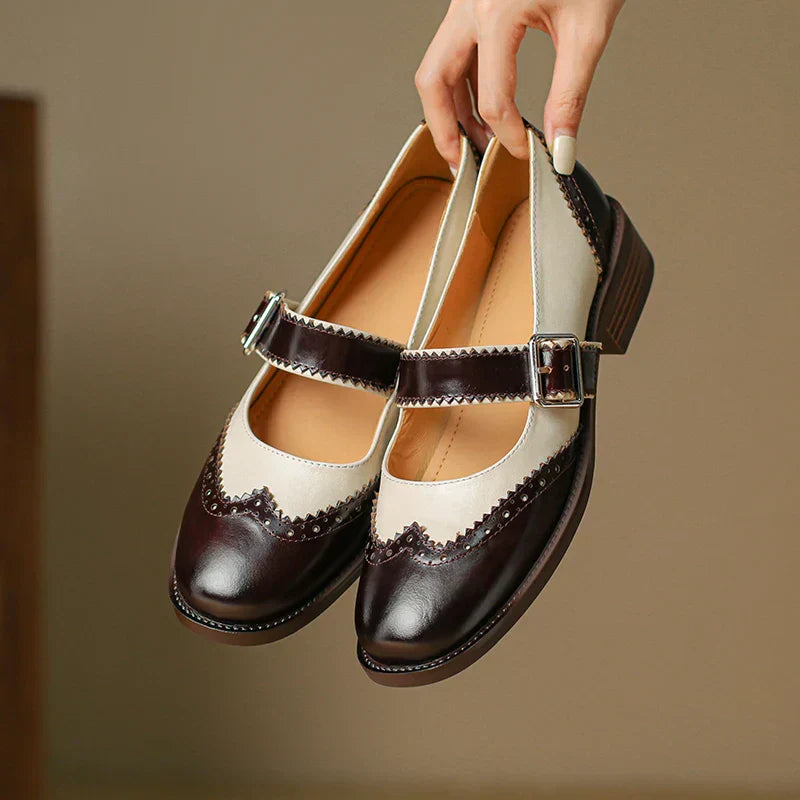 Harlow | Women's Two-Tone Leather Brogue T-Strap Mary Jane Shoes