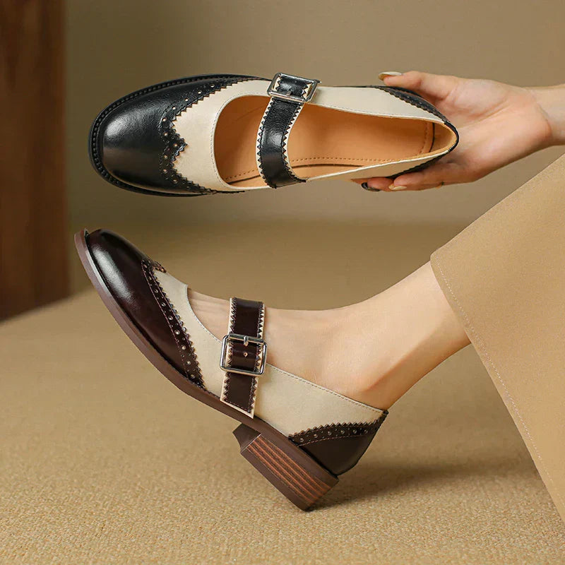 Harlow | Women's Two-Tone Leather Brogue T-Strap Mary Jane Shoes
