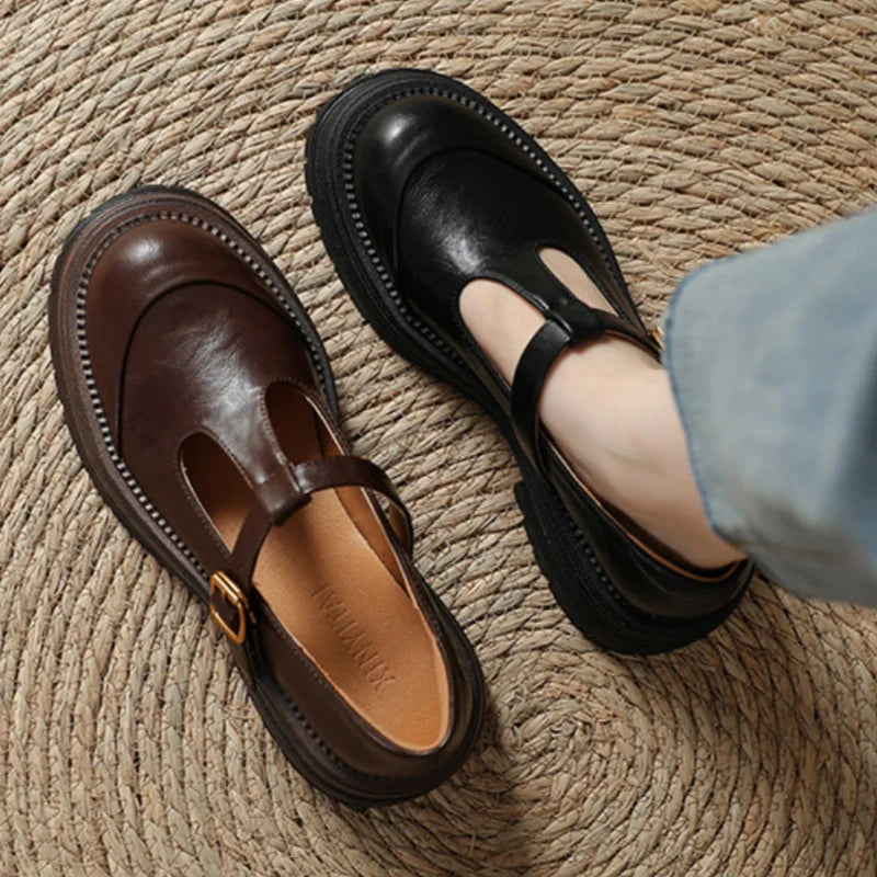 Blythe | Women's Round Toe T-Bar Mary Jane Brogue Shoes with Low Heel