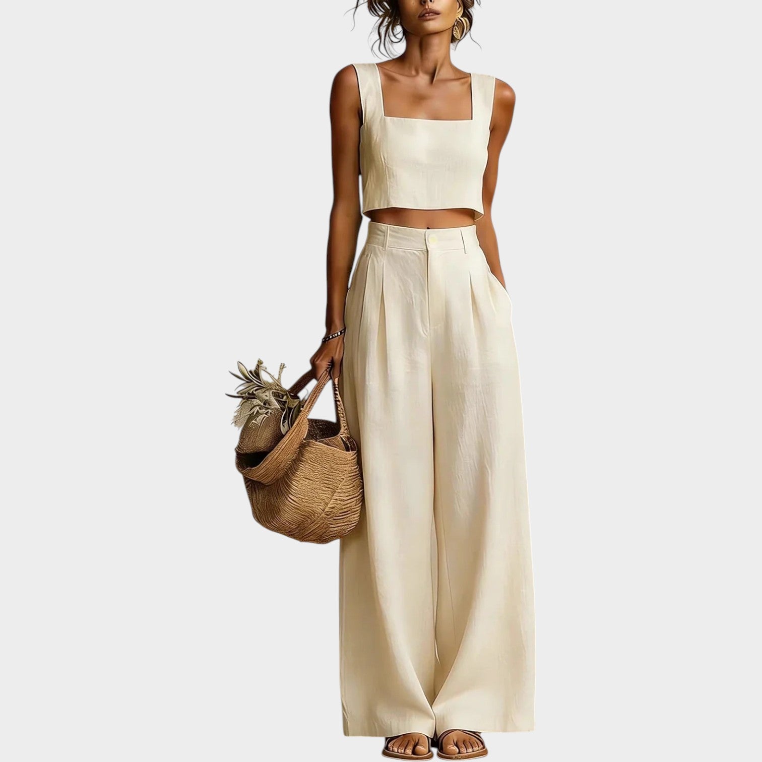Linen Two Piece Set Crop Top & Wide Leg Pants