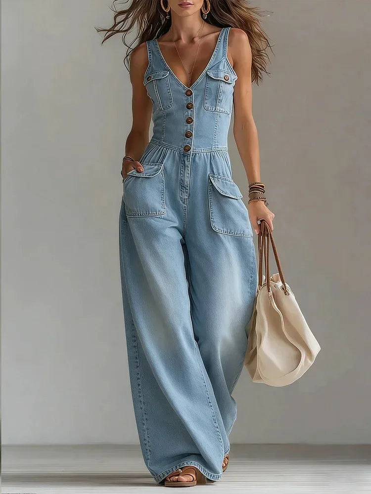 Vintage-Inspired Wide Leg Denim Jumpsuit