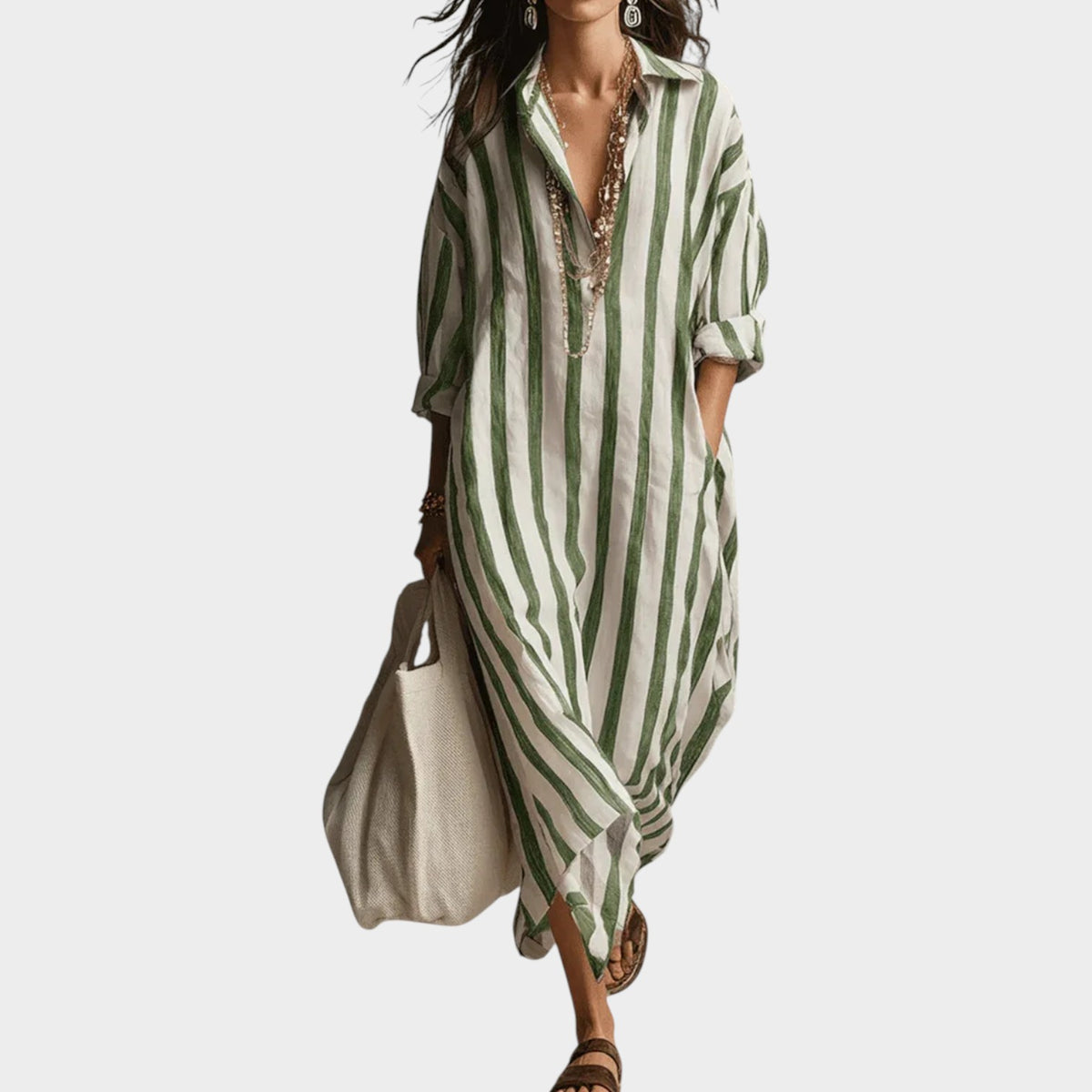 Women's Striped Midi Dress Linen Shirt V Neck