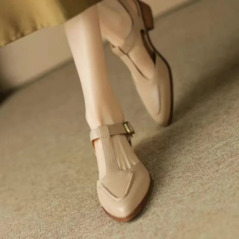 Sloane | Women's Pointed Toe T-Strap Buckle Flats with Low Heel