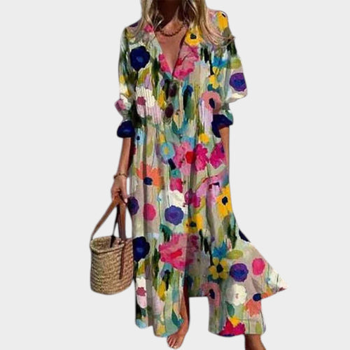 Women’s Bohemian Maxi Shirt Dress Floral Print Button Front