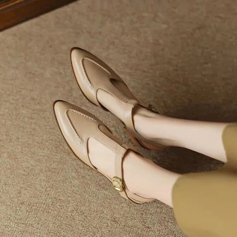 Sloane | Women's Pointed Toe T-Strap Buckle Flats with Low Heel