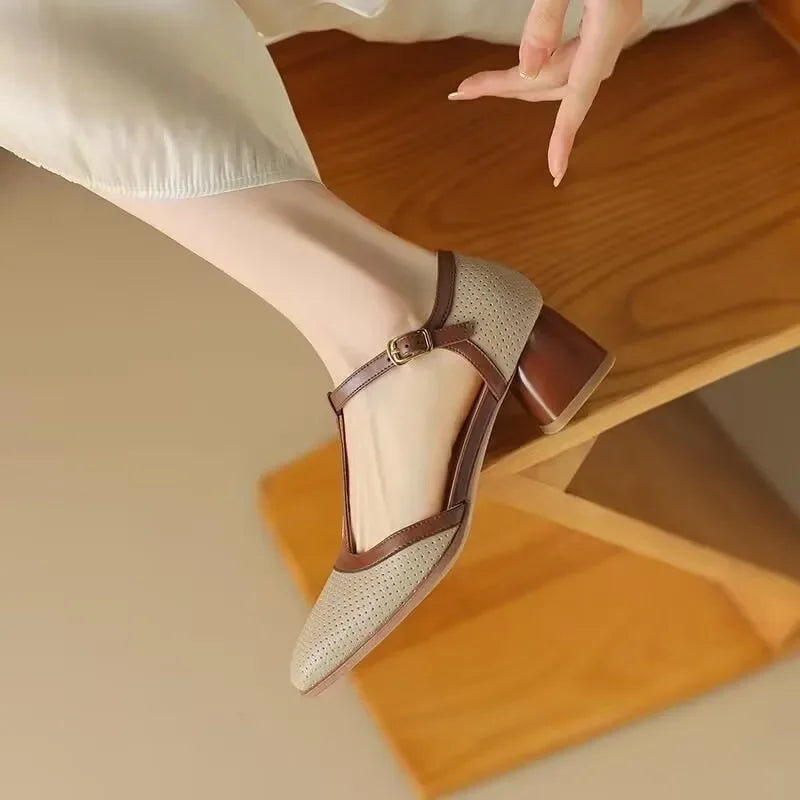 Piper | Women's Mid Heel T-Strap Block Pumps with Square Toe