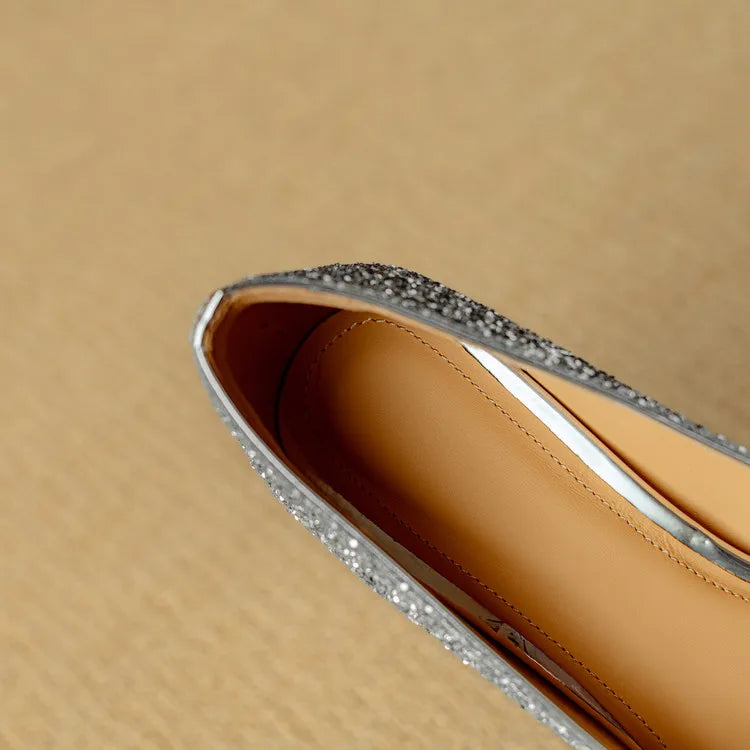 Stella | Women's Pointed Toe Glitter Block Heel Pumps with Crystal Buckle