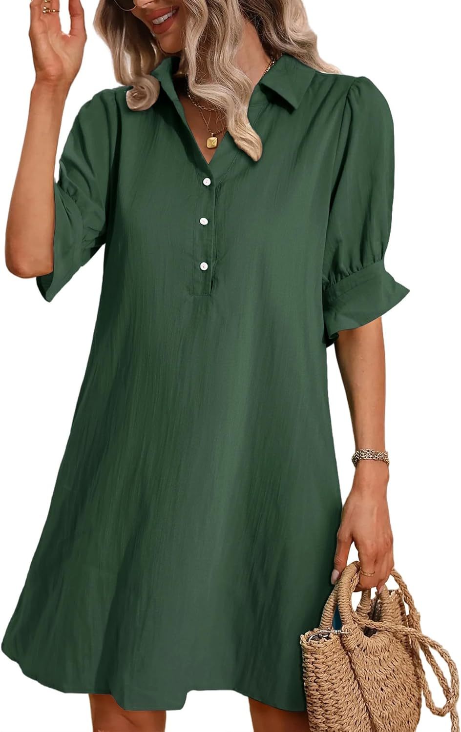 Harper | Women's Knee-Length 3/4 Sleeve Button-Down Shirt Dress