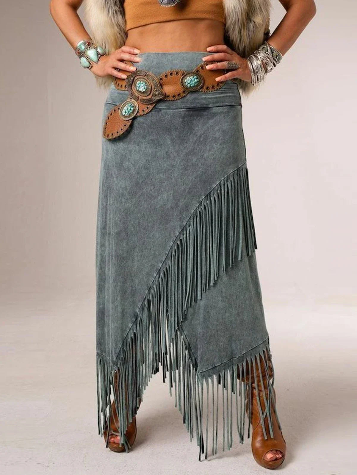 Sheeva™ A-Line Maxi Skirt with Fringe Detail