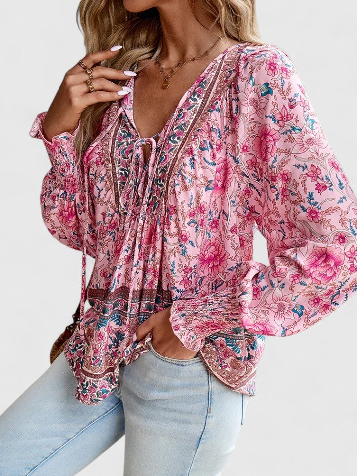 Sienna | Women's Bohemian Floral V-Neck Blouse with Puff Sleeves