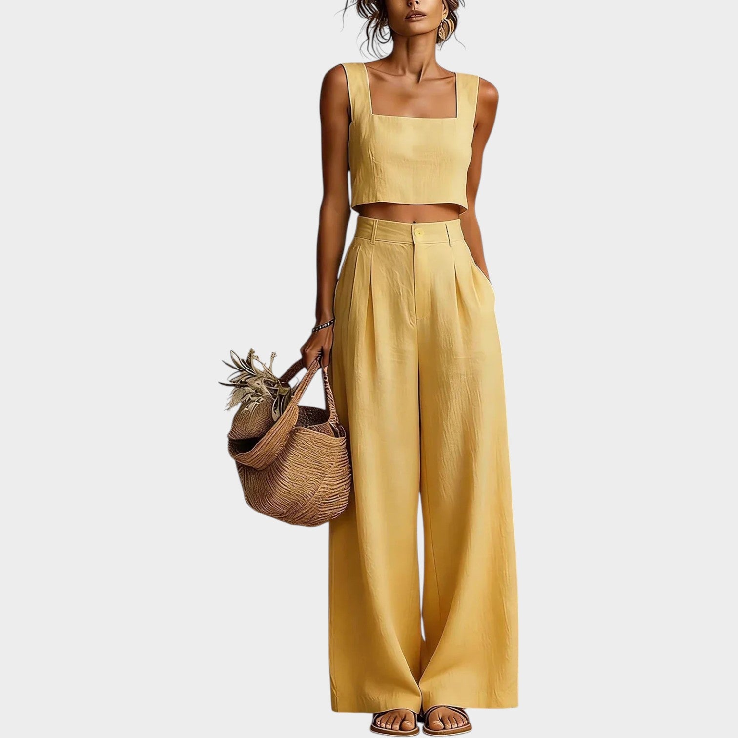 Linen Two Piece Set Crop Top & Wide Leg Pants
