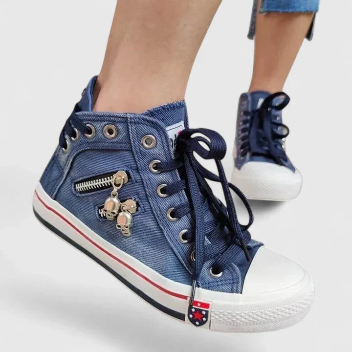 Freya | Women's High-Top Denim Lace-Up Sneakers with Side Zipper