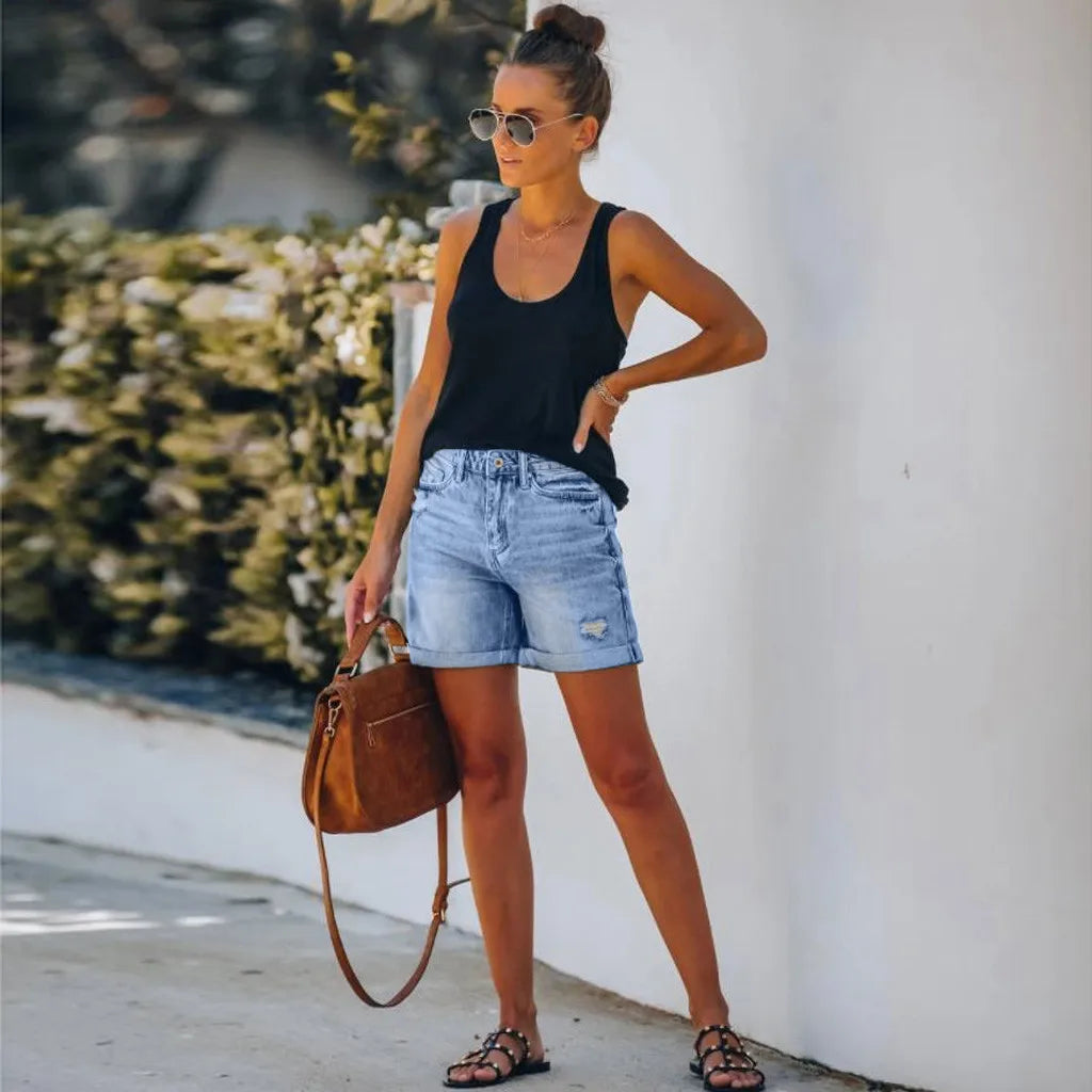 Scout | Women's Distressed High-Waist Denim Shorts with Rolled Hem