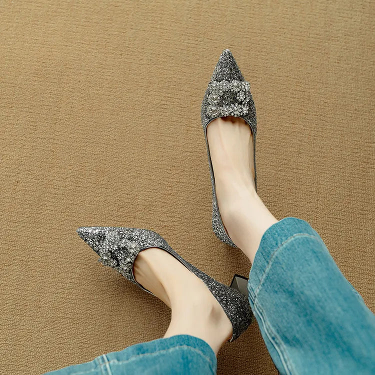 Stella | Women's Pointed Toe Glitter Block Heel Pumps with Crystal Buckle