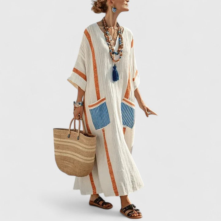 Sage | Women's Striped Linen Maxi Dress with V-Neck and Pockets