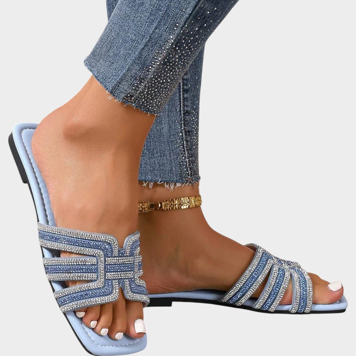 Rhinestone Square Toe Slide Sandals
