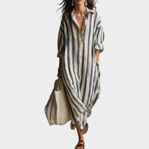 Women's Striped Midi Dress Linen Shirt V Neck