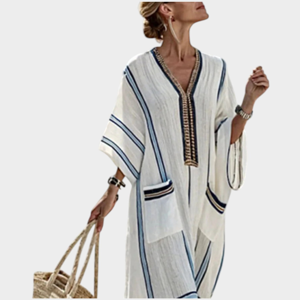 Women's Linen Summer Maxi Dress Striped Contrast Detailing