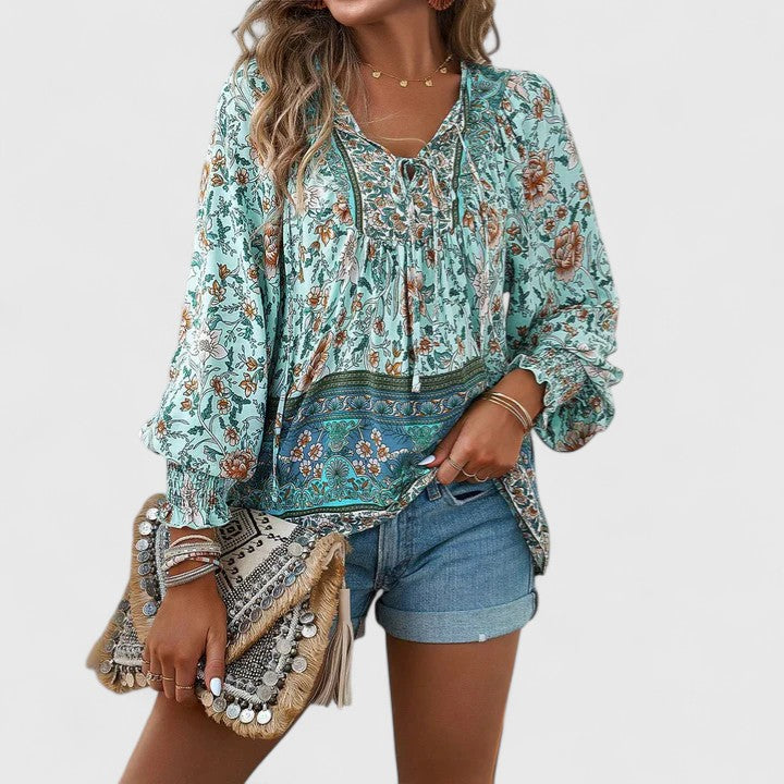 Sienna | Women's Bohemian Floral V-Neck Blouse with Puff Sleeves