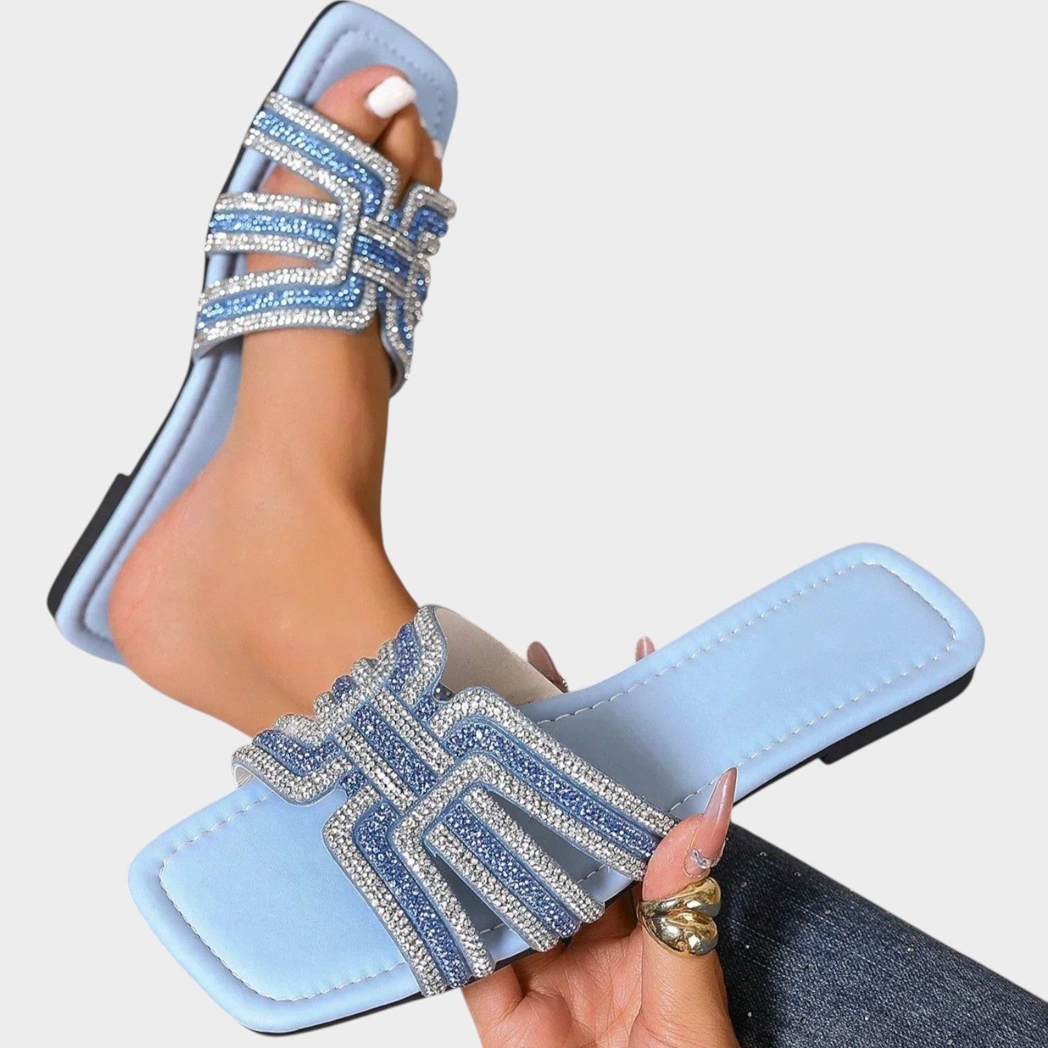 Rhinestone Square Toe Slide Sandals