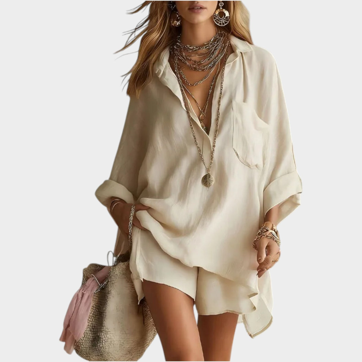 Women's Linen Matching Set Oversized Shirt & Shorts