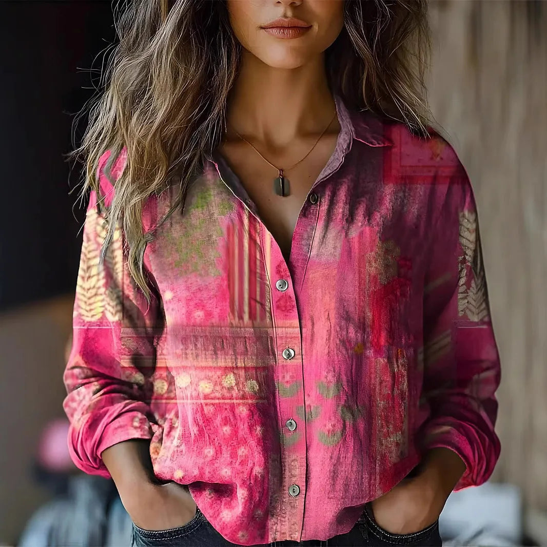 Vintage Floral Print Long Sleeve Button-Down Shirt for Women - Autumn Collection