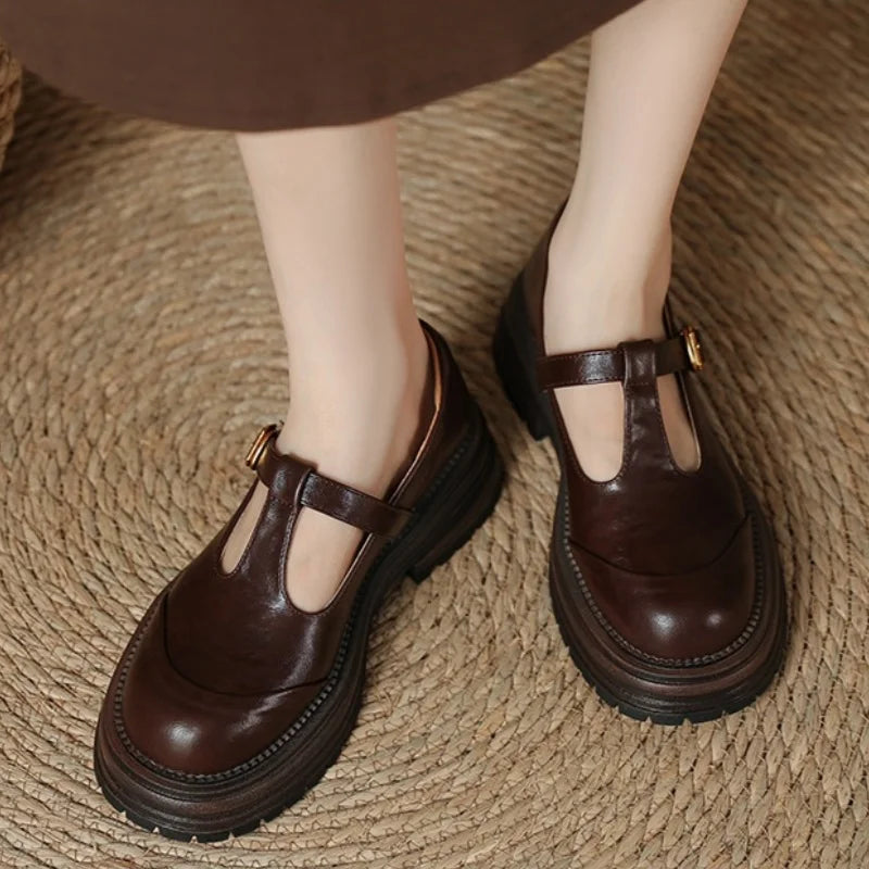 Blythe | Women's Round Toe T-Bar Mary Jane Brogue Shoes with Low Heel