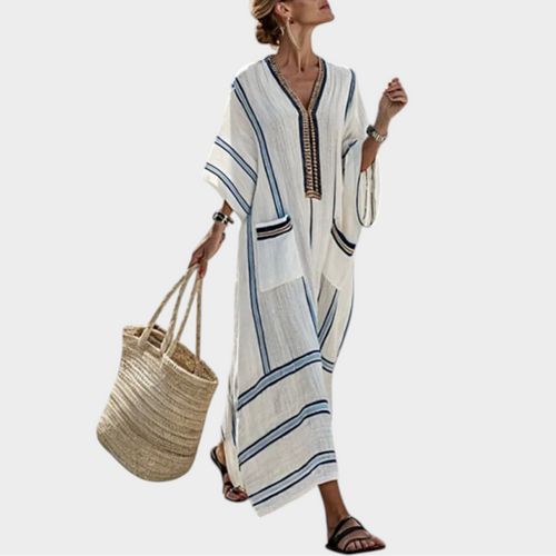 Women's Linen Summer Maxi Dress Striped Contrast Detailing