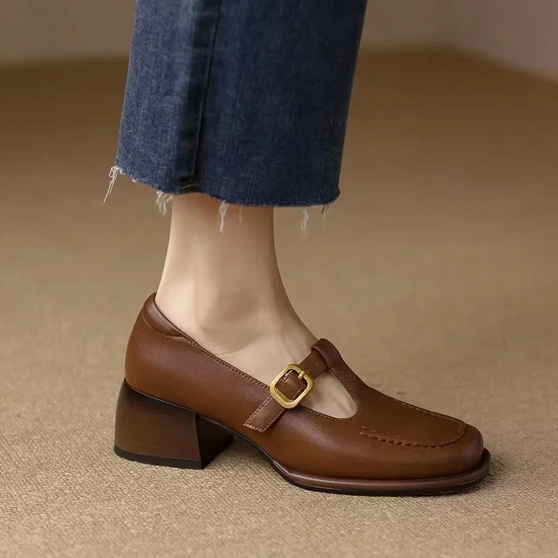 Wren | Women's T-Strap Mary Jane Shoes with Square Toe and Low Block Heel