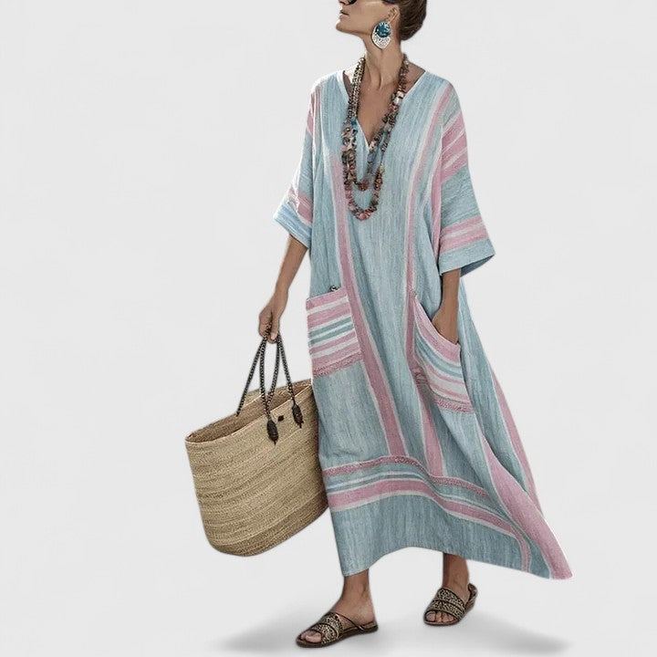 Sage | Women's Striped Linen Maxi Dress with V-Neck and Pockets