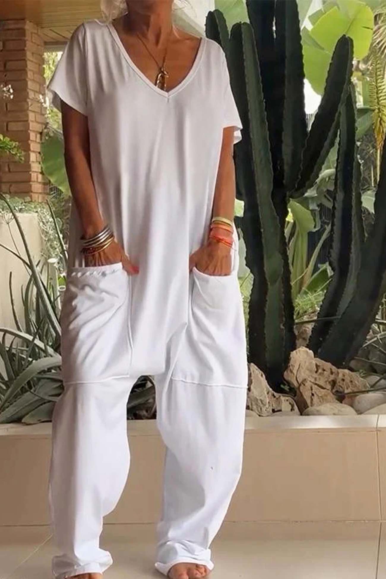 Breezy Women's V-Neck Short Sleeve Loose-Fit Jumpsuit with Pockets