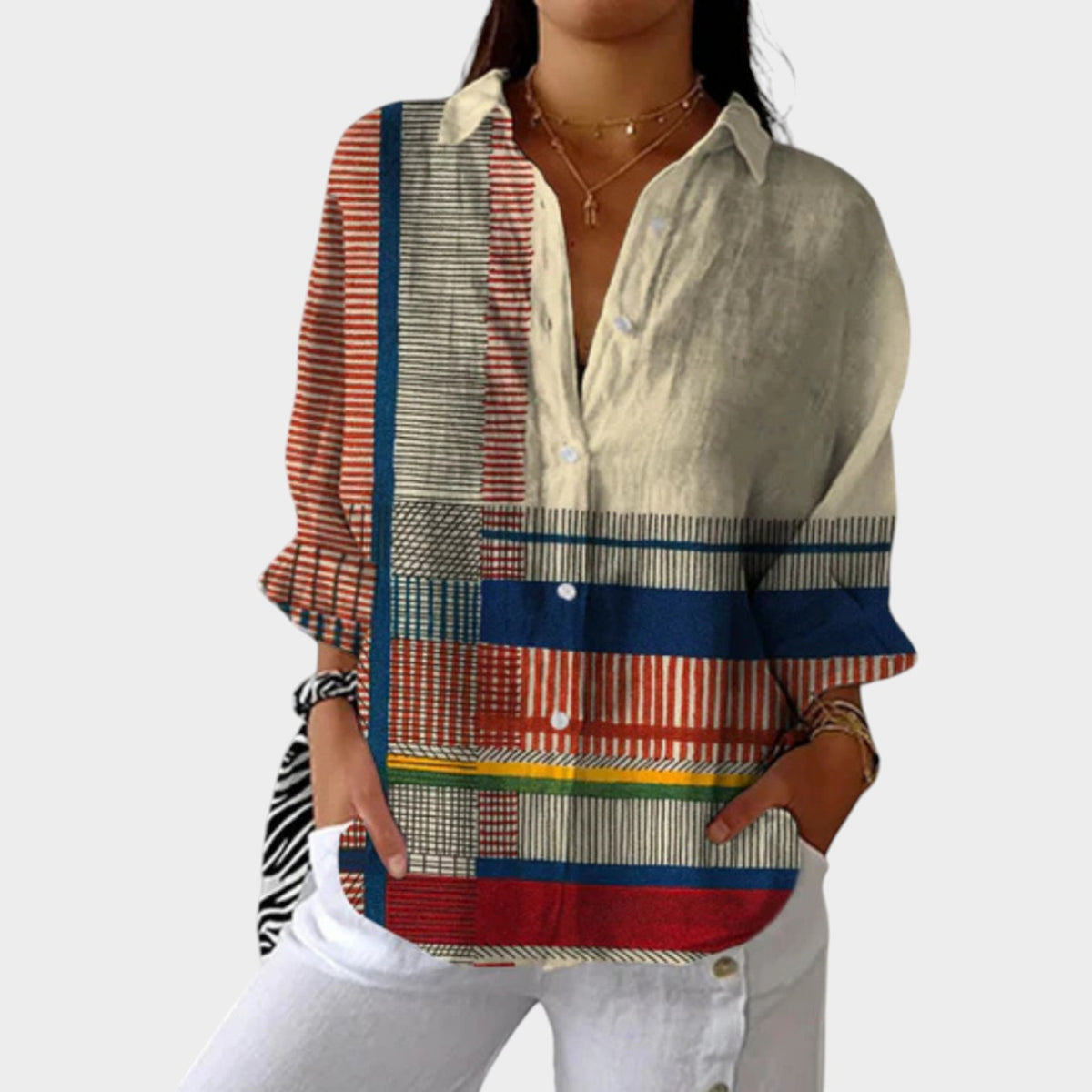 Women's Linen Top Patchwork Button Up