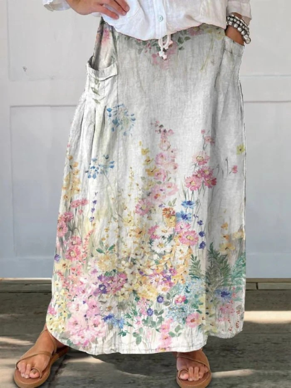 Mella™ | Vintage-Inspired Floral Print Skirt with Elastic Waistband and Pockets