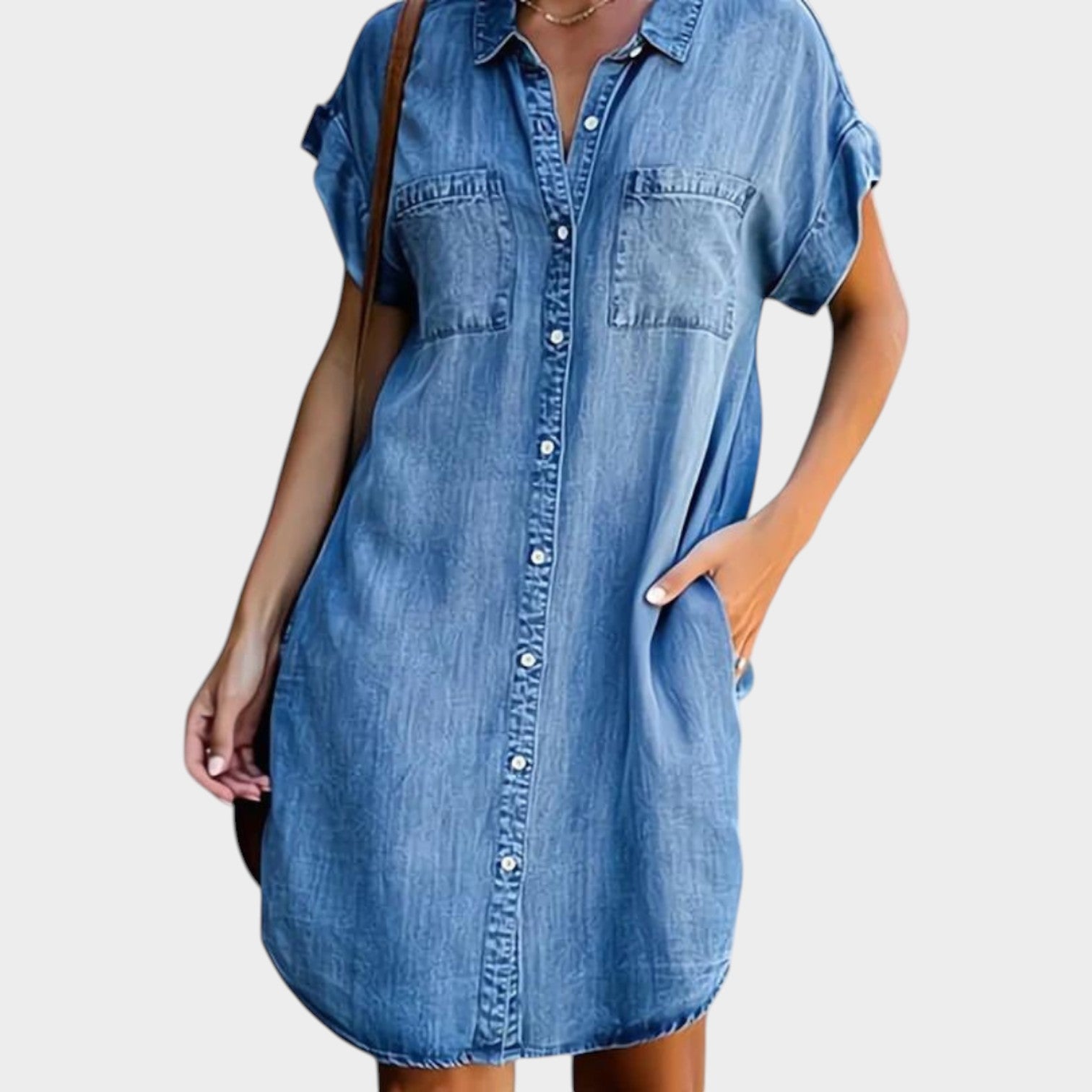 Denim Shirt Button Down Mini Dress with Pockets