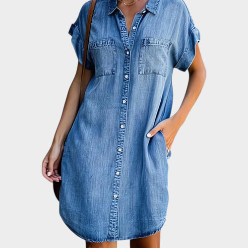 Denim Shirt Button Down Mini Dress with Pockets