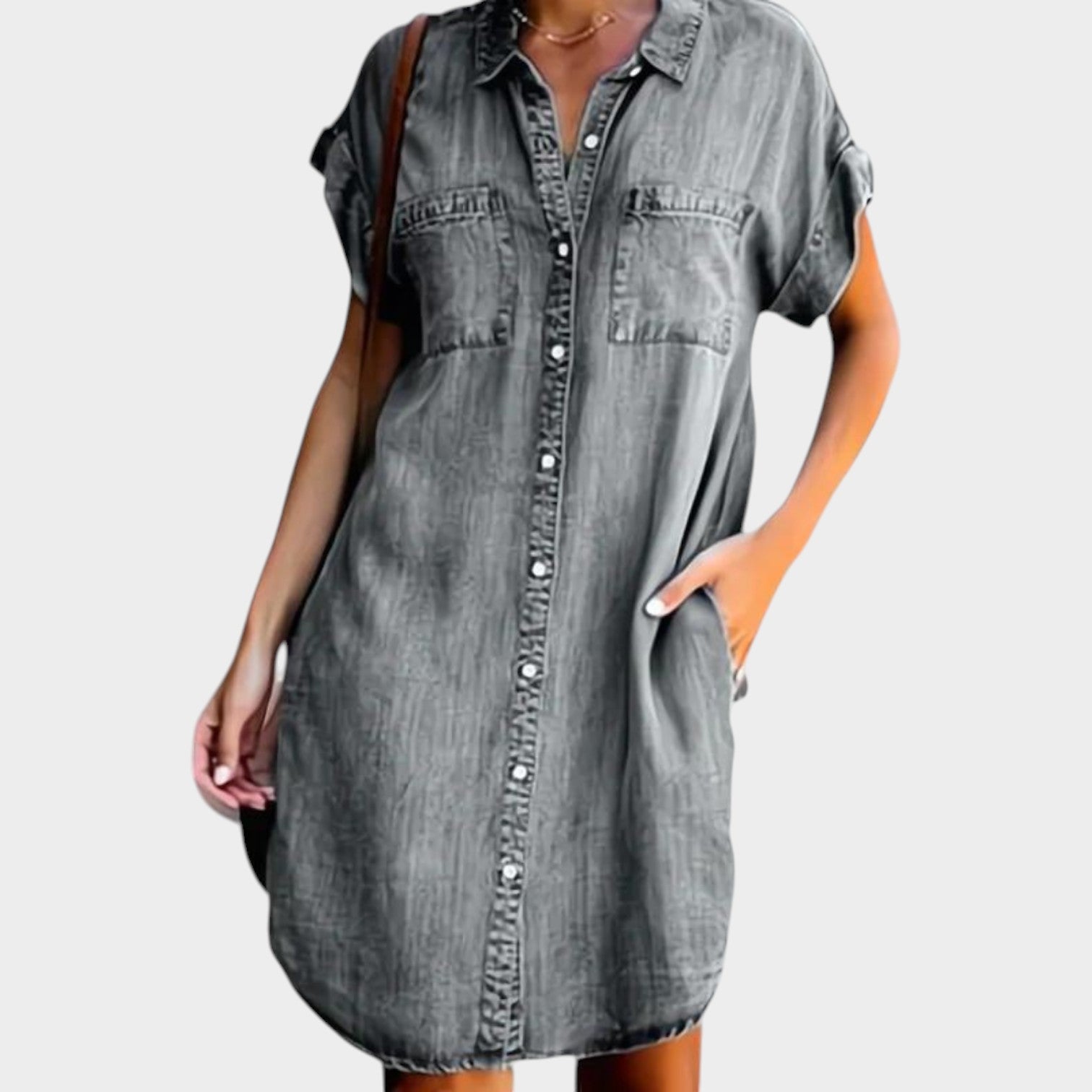Denim Shirt Button Down Mini Dress with Pockets