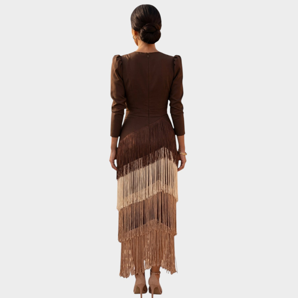 Women’s Maxi Fringe Dress with V-Neck and Long Sleeves