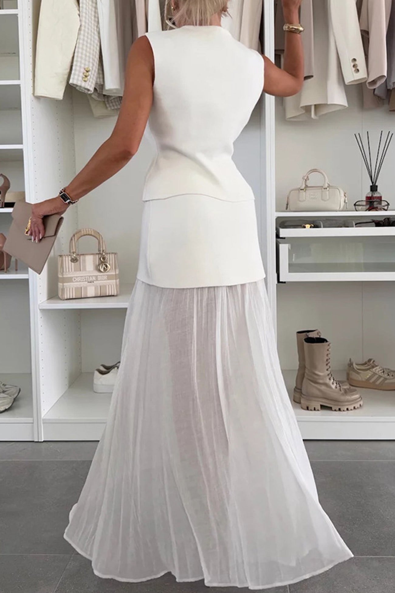 V-Neck Knit Top & Pleated Maxi Skirt Set