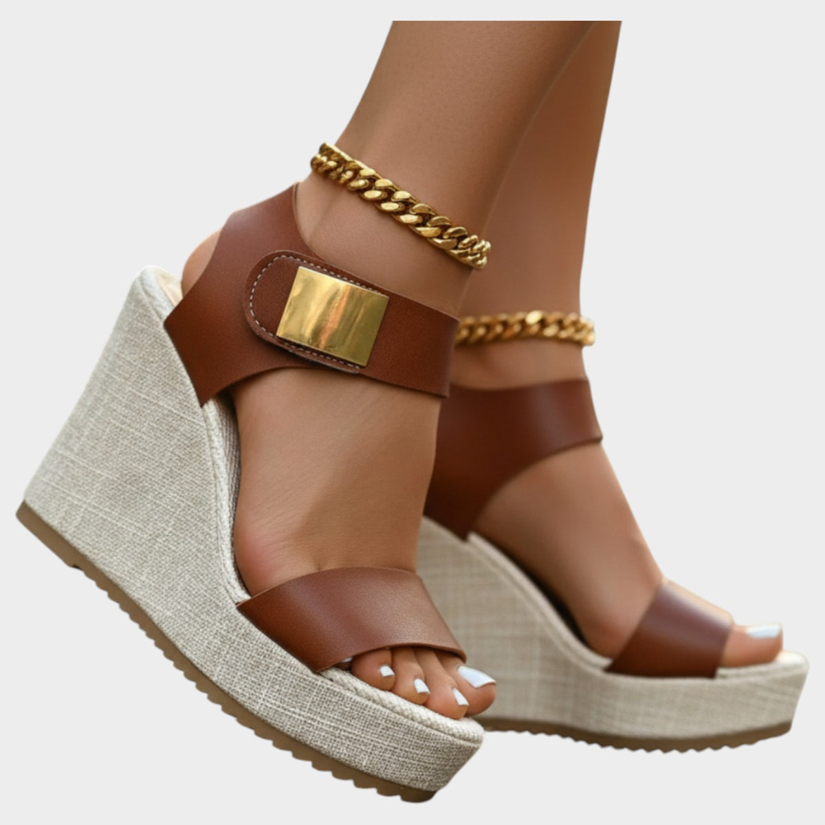 Women's Leather Wedge Sandals Open Toe with Buckle Details
