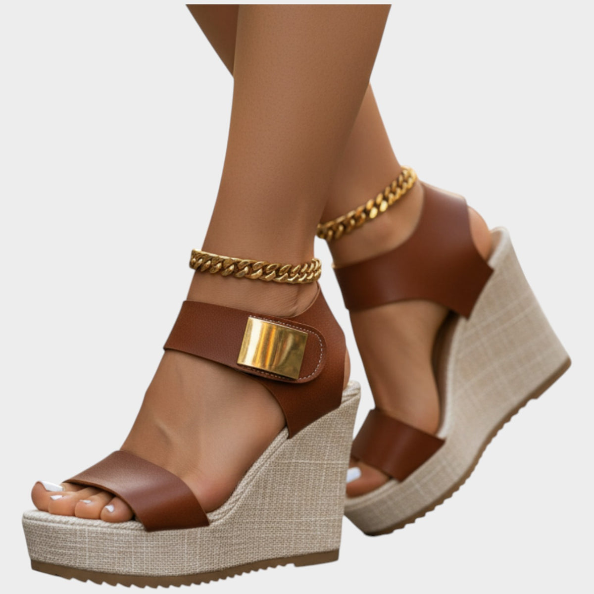 Women's Leather Wedge Sandals Open Toe with Buckle Details