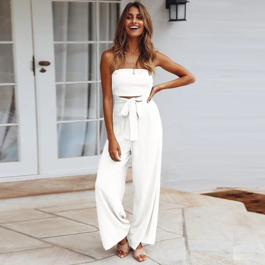Sandy | Women's Strapless Wide Leg Jumpsuit with Tie Waist