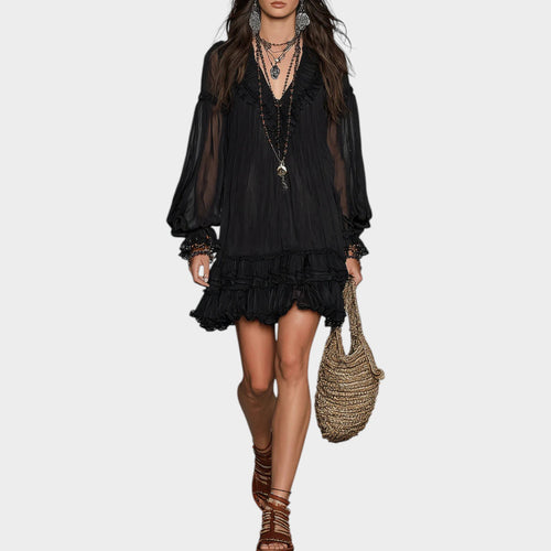 Women's Chiffon Mini Dress with Lantern Sleeve