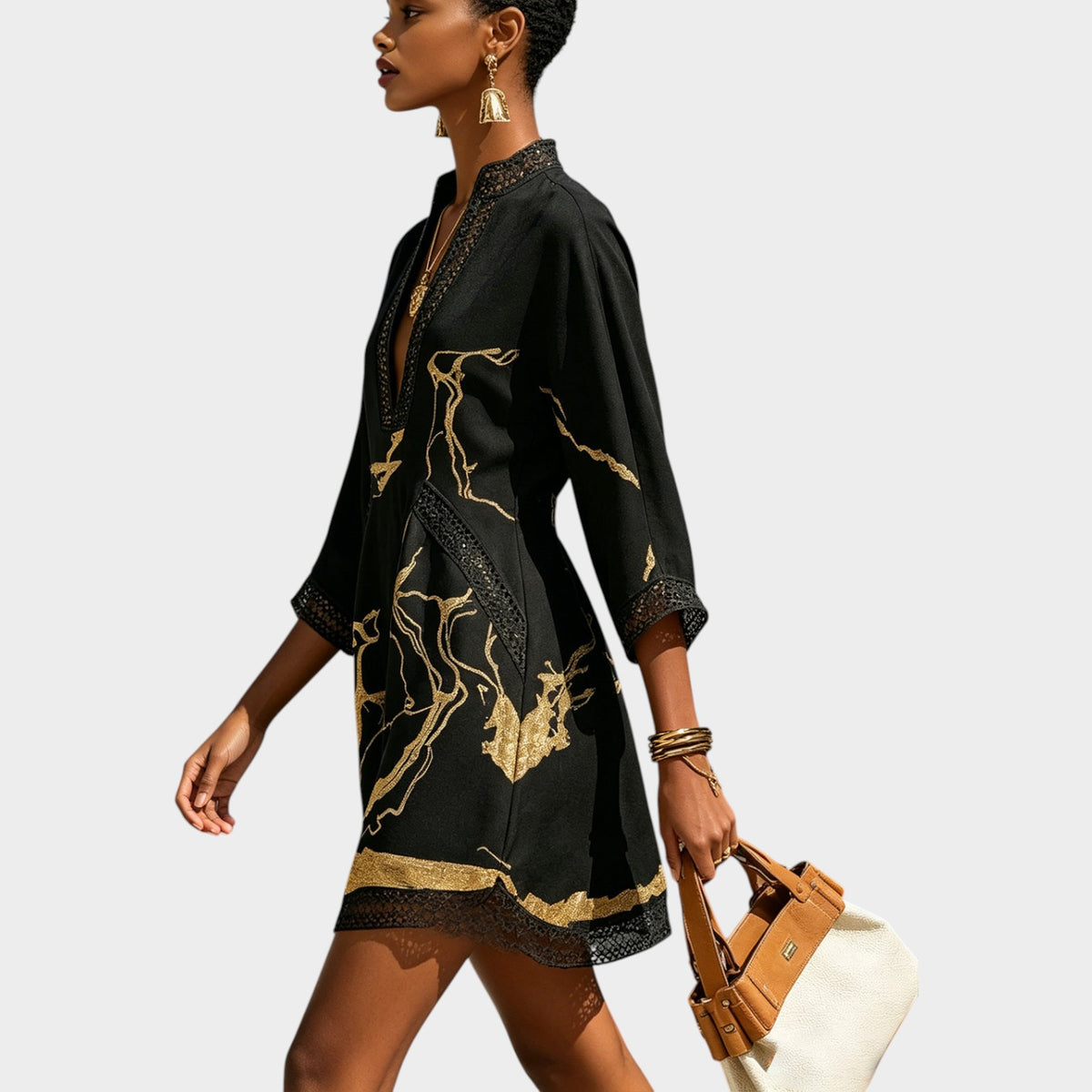 Women's Mini Dress Black Gold V-Neck