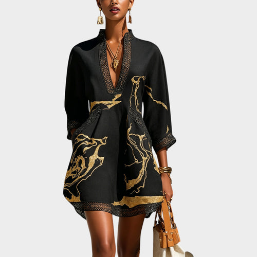 Women's Mini Dress Black Gold V-Neck